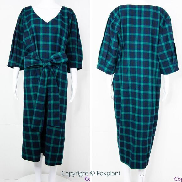 NEW Eloquii green Plaid V-Neck Dress with Side Slits tie waist, plus size 28 - Picture 3 of 16
